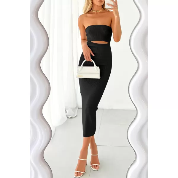 imagePRETTYGARDEN Womens Summer Midi Bodycon Dress Strapless Cut Out Knit Tube Long Fitted DressesSolid Black
