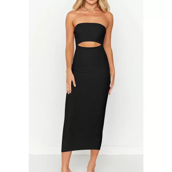 imagePRETTYGARDEN Womens Summer Midi Bodycon Dress Strapless Cut Out Knit Tube Long Fitted DressesSolid Black