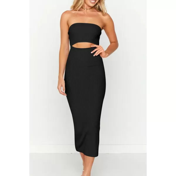 imagePRETTYGARDEN Womens Summer Midi Bodycon Dress Strapless Cut Out Knit Tube Long Fitted DressesSolid Black