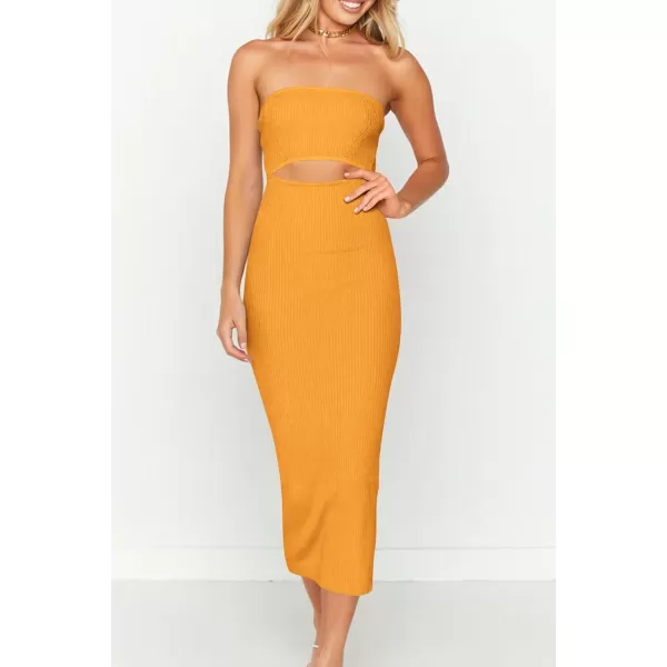imagePRETTYGARDEN Womens Summer Midi Bodycon Dress Strapless Cut Out Knit Tube Long Fitted DressesSolid Orange Yellow