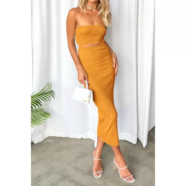 imagePRETTYGARDEN Womens Summer Midi Bodycon Dress Strapless Cut Out Knit Tube Long Fitted DressesSolid Orange Yellow