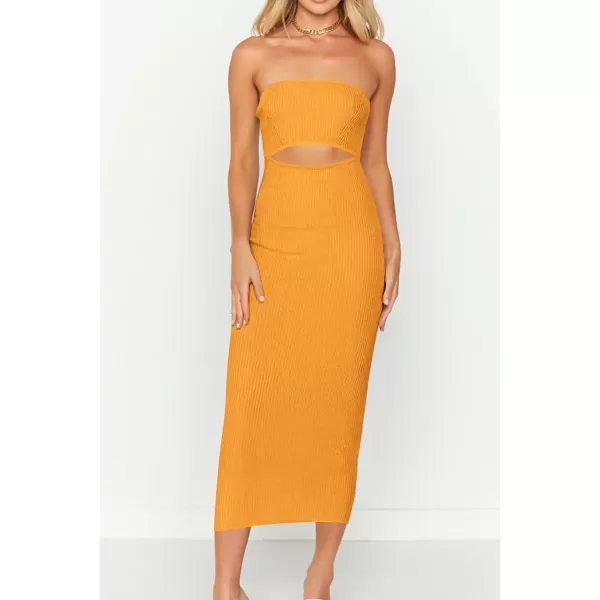 imagePRETTYGARDEN Womens Summer Midi Bodycon Dress Strapless Cut Out Knit Tube Long Fitted DressesSolid Orange Yellow