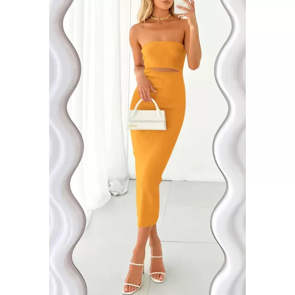 imagePRETTYGARDEN Womens Summer Midi Bodycon Dress Strapless Cut Out Knit Tube Long Fitted DressesSolid Orange Yellow