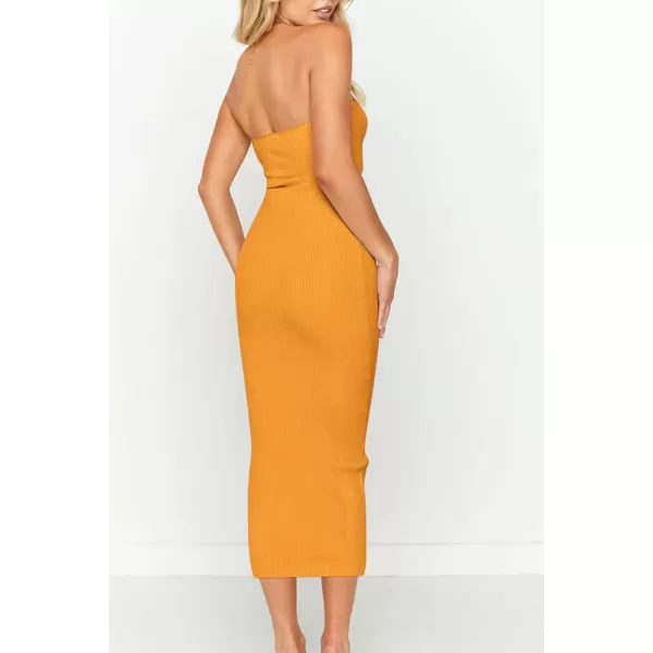 imagePRETTYGARDEN Womens Summer Midi Bodycon Dress Strapless Cut Out Knit Tube Long Fitted DressesSolid Orange Yellow