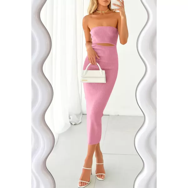 imagePRETTYGARDEN Womens Summer Midi Bodycon Dress Strapless Cut Out Knit Tube Long Fitted DressesSolid Pink