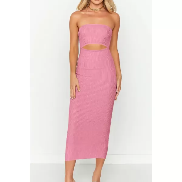 imagePRETTYGARDEN Womens Summer Midi Bodycon Dress Strapless Cut Out Knit Tube Long Fitted DressesSolid Pink
