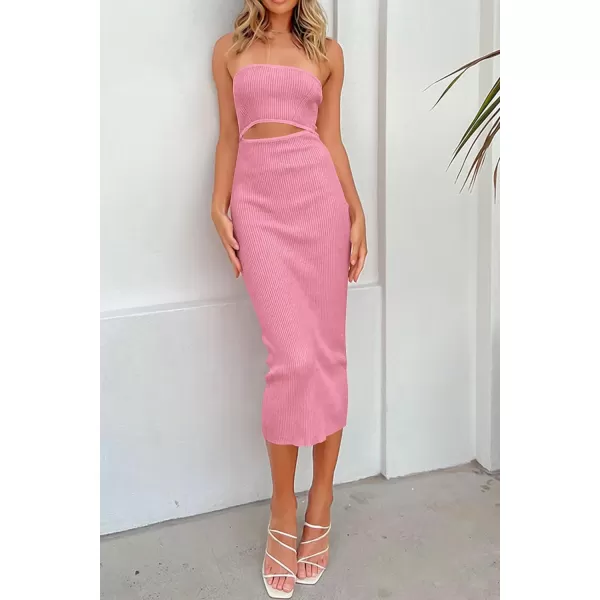 imagePRETTYGARDEN Womens Summer Midi Bodycon Dress Strapless Cut Out Knit Tube Long Fitted DressesSolid Pink