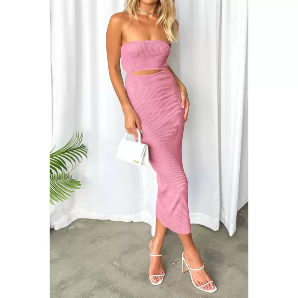 imagePRETTYGARDEN Womens Summer Midi Bodycon Dress Strapless Cut Out Knit Tube Long Fitted DressesSolid Pink