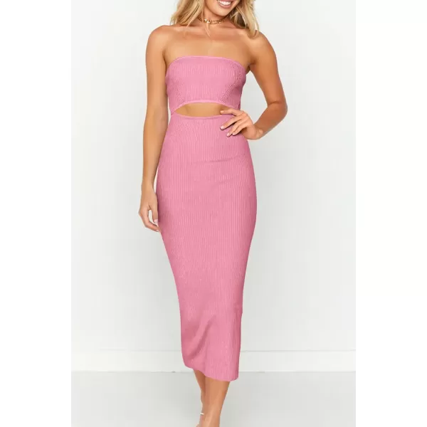 imagePRETTYGARDEN Womens Summer Midi Bodycon Dress Strapless Cut Out Knit Tube Long Fitted DressesSolid Pink