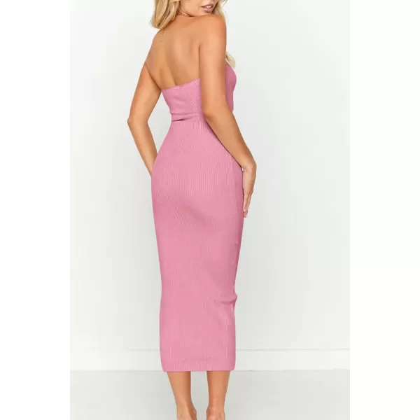 imagePRETTYGARDEN Womens Summer Midi Bodycon Dress Strapless Cut Out Knit Tube Long Fitted DressesSolid Pink