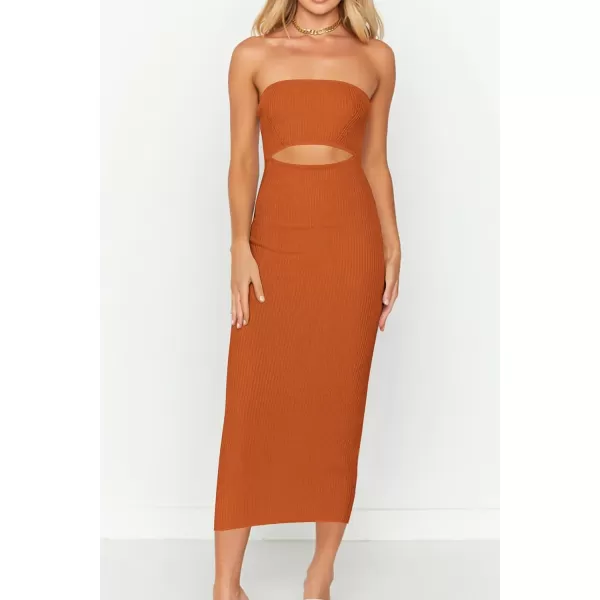 imagePRETTYGARDEN Womens Summer Midi Bodycon Dress Strapless Cut Out Knit Tube Long Fitted DressesSolid Rust Red