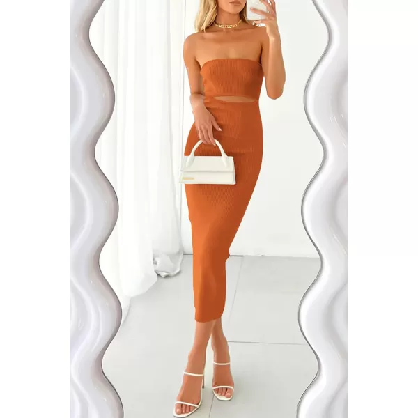 imagePRETTYGARDEN Womens Summer Midi Bodycon Dress Strapless Cut Out Knit Tube Long Fitted DressesSolid Rust Red
