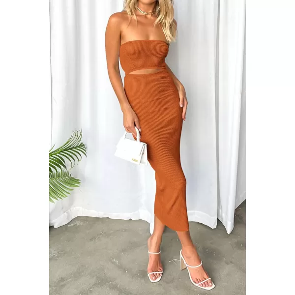 imagePRETTYGARDEN Womens Summer Midi Bodycon Dress Strapless Cut Out Knit Tube Long Fitted DressesSolid Rust Red