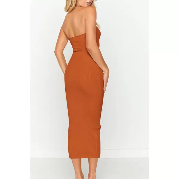 imagePRETTYGARDEN Womens Summer Midi Bodycon Dress Strapless Cut Out Knit Tube Long Fitted DressesSolid Rust Red