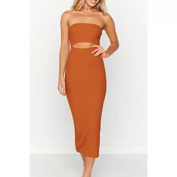 imagePRETTYGARDEN Womens Summer Midi Bodycon Dress Strapless Cut Out Knit Tube Long Fitted DressesSolid Rust Red