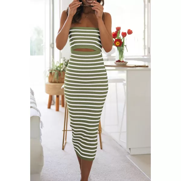 imagePRETTYGARDEN Womens Summer Midi Bodycon Dress Strapless Cut Out Knit Tube Long Fitted DressesStriped Army Green White