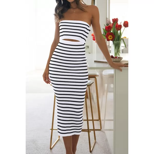 imagePRETTYGARDEN Womens Summer Midi Bodycon Dress Strapless Cut Out Knit Tube Long Fitted DressesStriped White Black