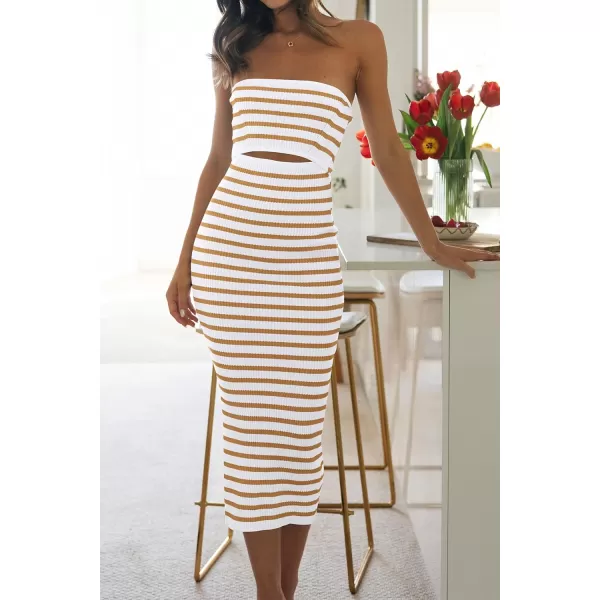 imagePRETTYGARDEN Womens Summer Midi Bodycon Dress Strapless Cut Out Knit Tube Long Fitted DressesStriped White Khaki