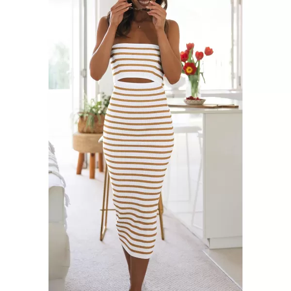 imagePRETTYGARDEN Womens Summer Midi Bodycon Dress Strapless Cut Out Knit Tube Long Fitted DressesStriped White Khaki
