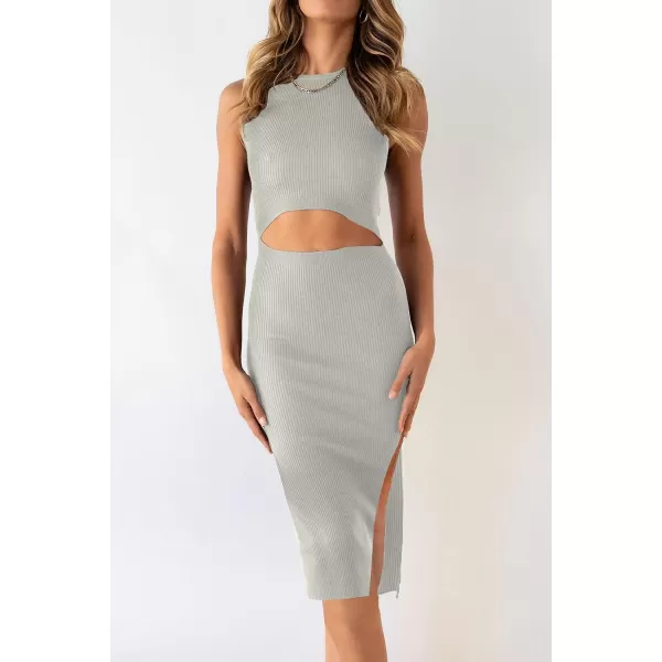 imagePRETTYGARDEN Womens Summer Midi Bodycon Dresses Casual Crew Neck Side Slit Sleeveless Knit Cut Out Tank Top DressBean Green
