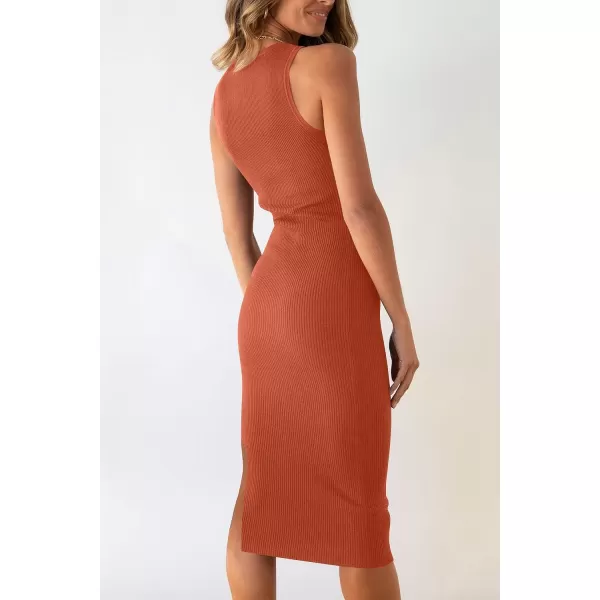 imagePRETTYGARDEN Womens Summer Midi Bodycon Dresses Casual Crew Neck Side Slit Sleeveless Knit Cut Out Tank Top DressBrick Red