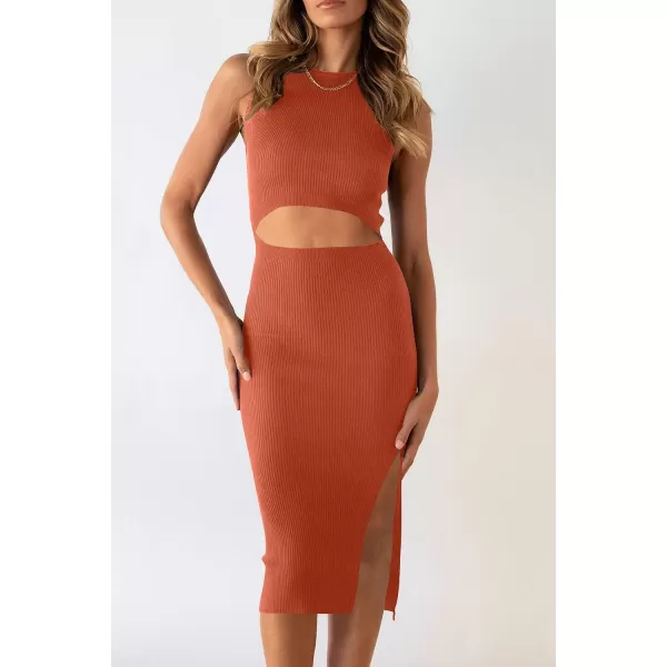 imagePRETTYGARDEN Womens Summer Midi Bodycon Dresses Casual Crew Neck Side Slit Sleeveless Knit Cut Out Tank Top DressBrick Red