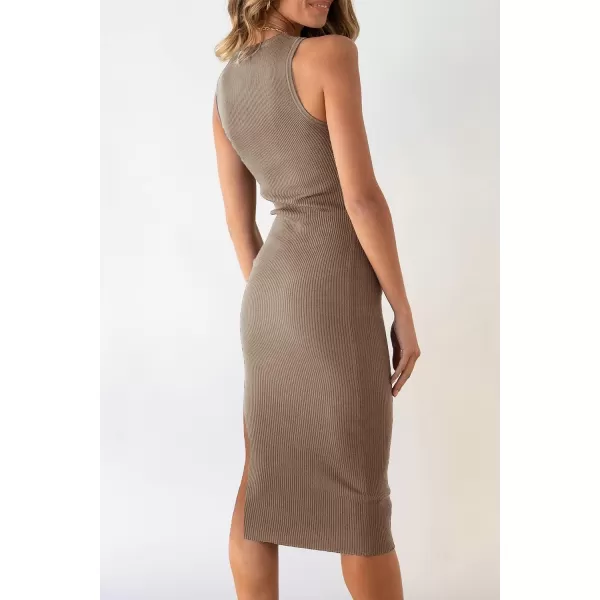 imagePRETTYGARDEN Womens Summer Midi Bodycon Dresses Casual Crew Neck Side Slit Sleeveless Knit Cut Out Tank Top DressCamel