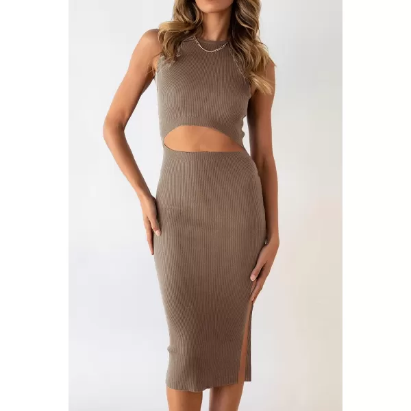 imagePRETTYGARDEN Womens Summer Midi Bodycon Dresses Casual Crew Neck Side Slit Sleeveless Knit Cut Out Tank Top DressCamel