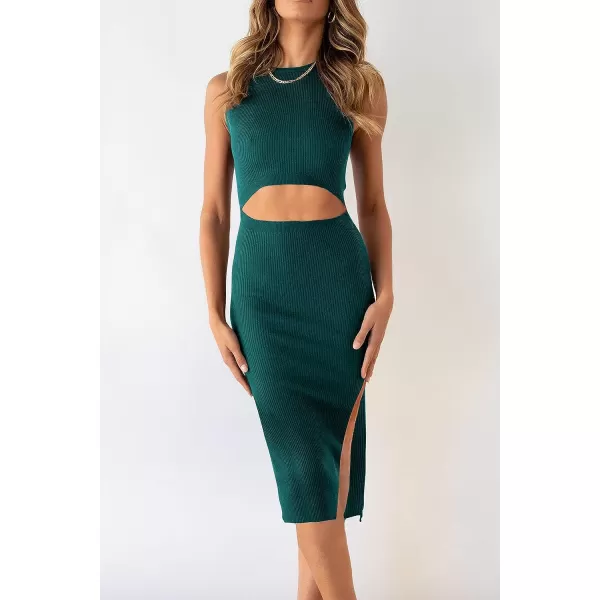 imagePRETTYGARDEN Womens Summer Midi Bodycon Dresses Casual Crew Neck Side Slit Sleeveless Knit Cut Out Tank Top DressDark Green