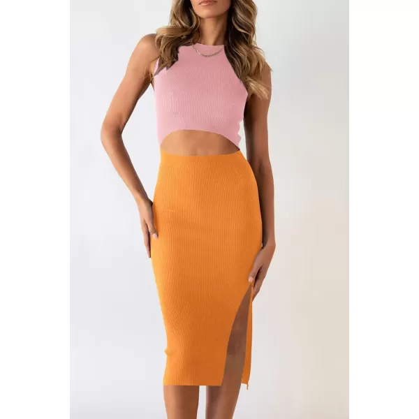 imagePRETTYGARDEN Womens Summer Midi Bodycon Dresses Casual Crew Neck Side Slit Sleeveless Knit Cut Out Tank Top DressLight Pinkyellow