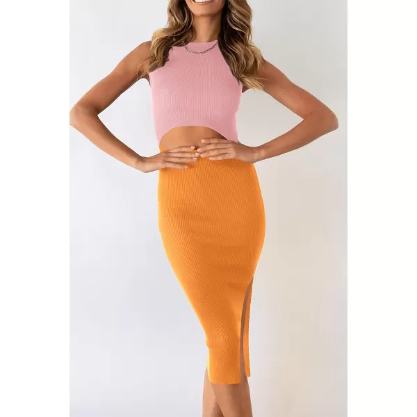 imagePRETTYGARDEN Womens Summer Midi Bodycon Dresses Casual Crew Neck Side Slit Sleeveless Knit Cut Out Tank Top DressLight Pinkyellow