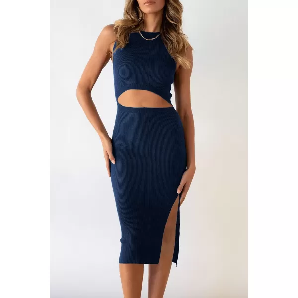 imagePRETTYGARDEN Womens Summer Midi Bodycon Dresses Casual Crew Neck Side Slit Sleeveless Knit Cut Out Tank Top DressNavy