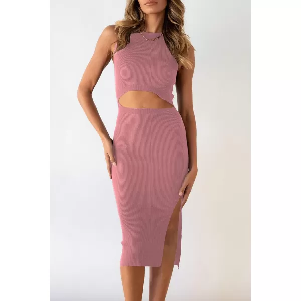 imagePRETTYGARDEN Womens Summer Midi Bodycon Dresses Casual Crew Neck Side Slit Sleeveless Knit Cut Out Tank Top DressPink