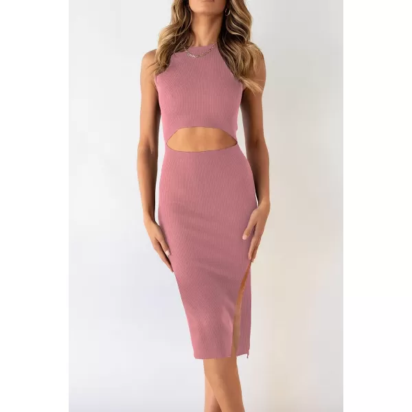 imagePRETTYGARDEN Womens Summer Midi Bodycon Dresses Casual Crew Neck Side Slit Sleeveless Knit Cut Out Tank Top DressPink