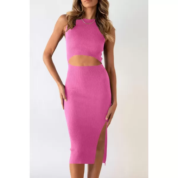 imagePRETTYGARDEN Womens Summer Midi Bodycon Dresses Casual Crew Neck Side Slit Sleeveless Knit Cut Out Tank Top DressRose Pink