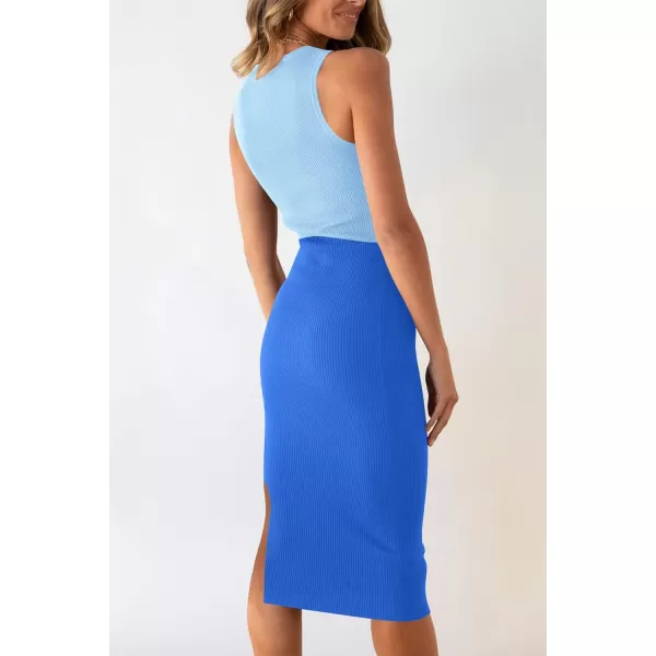 imagePRETTYGARDEN Womens Summer Midi Bodycon Dresses Casual Crew Neck Side Slit Sleeveless Knit Cut Out Tank Top DressSky Blueblue