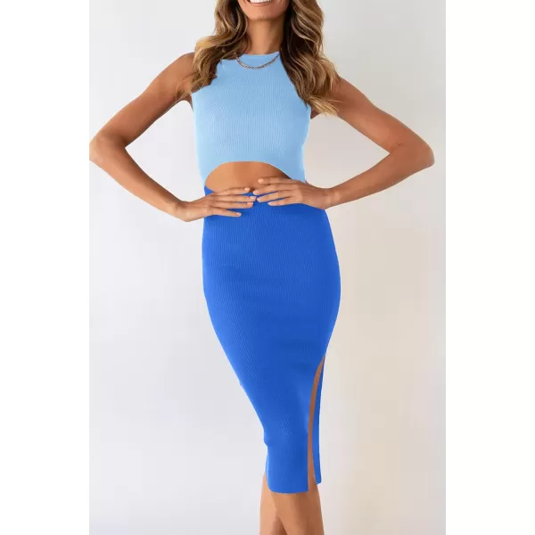 imagePRETTYGARDEN Womens Summer Midi Bodycon Dresses Casual Crew Neck Side Slit Sleeveless Knit Cut Out Tank Top DressSky Blueblue