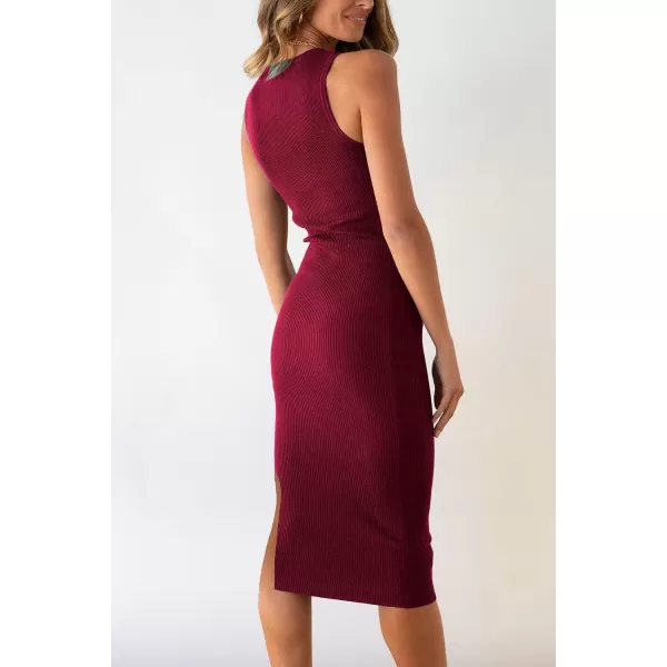 imagePRETTYGARDEN Womens Summer Midi Bodycon Dresses Casual Crew Neck Side Slit Sleeveless Knit Cut Out Tank Top DressWine Red