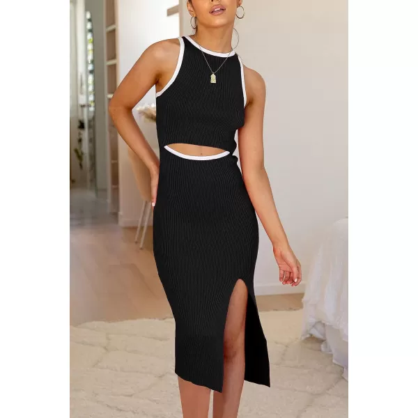 imagePRETTYGARDEN Womens Summer Midi Bodycon Dresses Casual Crew Neck Side Slit Sleeveless Knit Cut Out Tank Top DressZblack