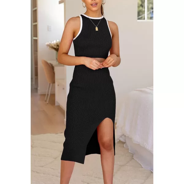 imagePRETTYGARDEN Womens Summer Midi Bodycon Dresses Casual Crew Neck Side Slit Sleeveless Knit Cut Out Tank Top DressZblack