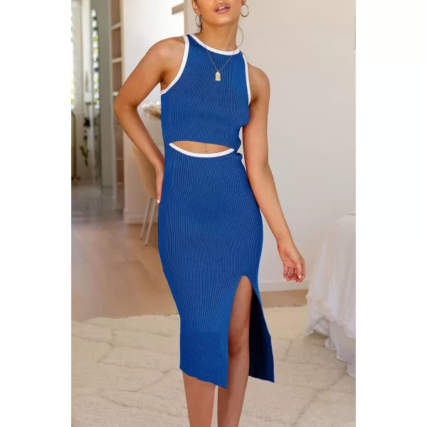 imagePRETTYGARDEN Womens Summer Midi Bodycon Dresses Casual Crew Neck Side Slit Sleeveless Knit Cut Out Tank Top DressZblue