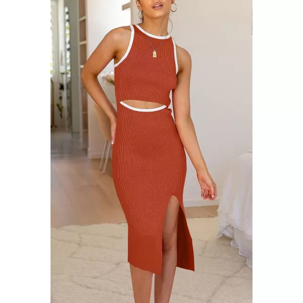 imagePRETTYGARDEN Womens Summer Midi Bodycon Dresses Casual Crew Neck Side Slit Sleeveless Knit Cut Out Tank Top DressZbrick Red