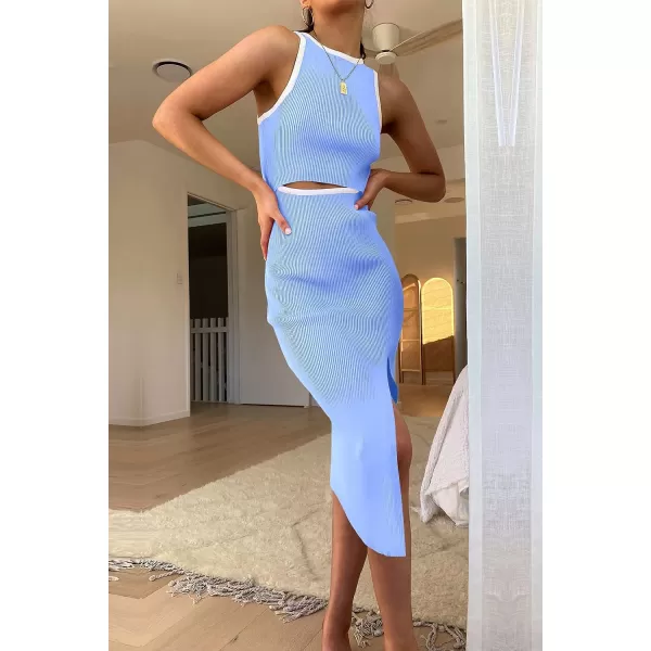 imagePRETTYGARDEN Womens Summer Midi Bodycon Dresses Casual Crew Neck Side Slit Sleeveless Knit Cut Out Tank Top DressZlight Blue