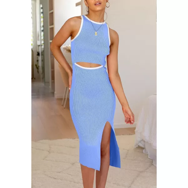 imagePRETTYGARDEN Womens Summer Midi Bodycon Dresses Casual Crew Neck Side Slit Sleeveless Knit Cut Out Tank Top DressZlight Blue