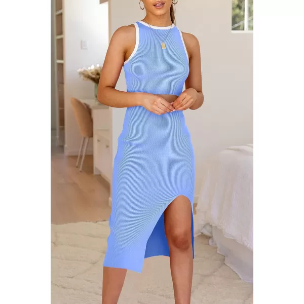 imagePRETTYGARDEN Womens Summer Midi Bodycon Dresses Casual Crew Neck Side Slit Sleeveless Knit Cut Out Tank Top DressZlight Blue