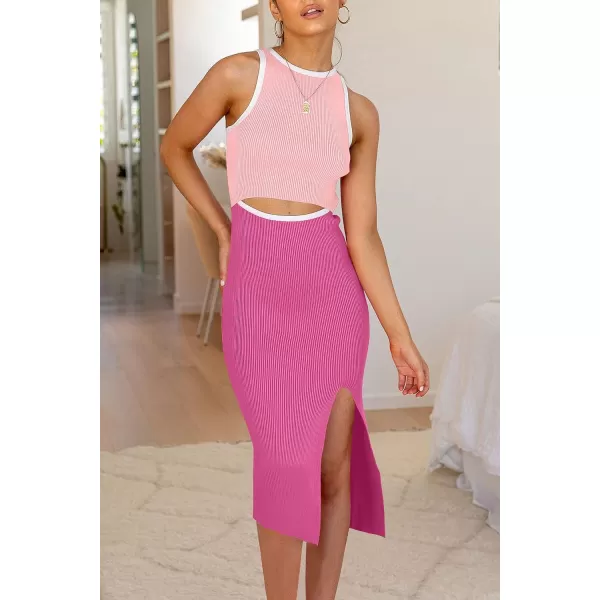 imagePRETTYGARDEN Womens Summer Midi Bodycon Dresses Casual Crew Neck Side Slit Sleeveless Knit Cut Out Tank Top DressZlight Pinkrose Pink