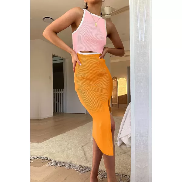 imagePRETTYGARDEN Womens Summer Midi Bodycon Dresses Casual Crew Neck Side Slit Sleeveless Knit Cut Out Tank Top DressZlight Pinkyellow