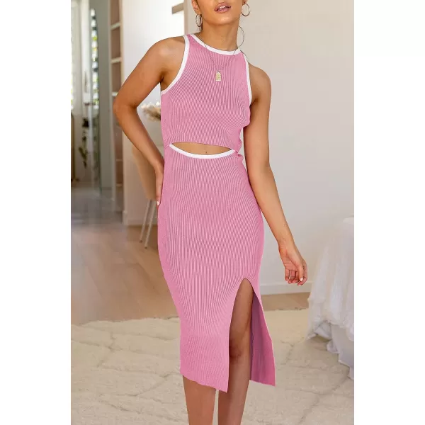 imagePRETTYGARDEN Womens Summer Midi Bodycon Dresses Casual Crew Neck Side Slit Sleeveless Knit Cut Out Tank Top DressZpink