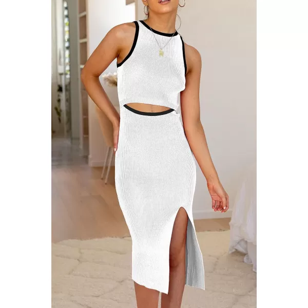 imagePRETTYGARDEN Womens Summer Midi Bodycon Dresses Casual Crew Neck Side Slit Sleeveless Knit Cut Out Tank Top DressZwhite