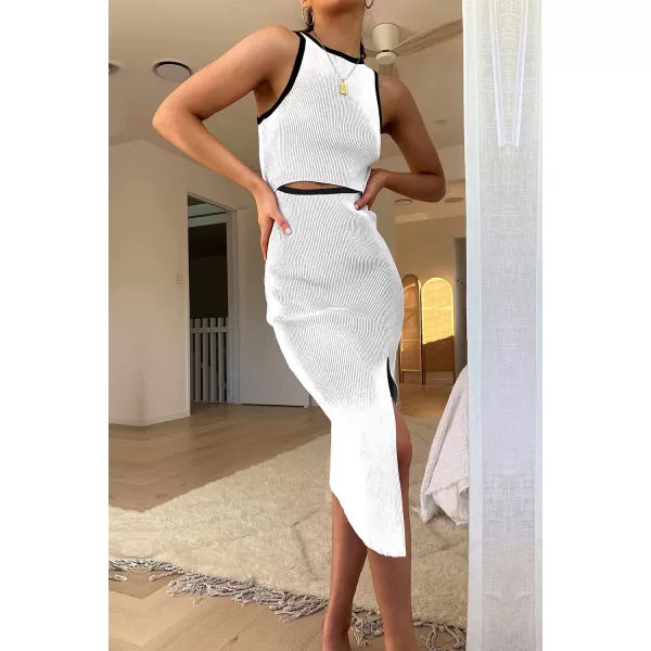imagePRETTYGARDEN Womens Summer Midi Bodycon Dresses Casual Crew Neck Side Slit Sleeveless Knit Cut Out Tank Top DressZwhite